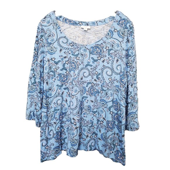 J Jill Cotton/Tencel Blue Paisley 3/4 Sleeve Scoop Neck Knit Blouse Size XL - Picture 1 of 6